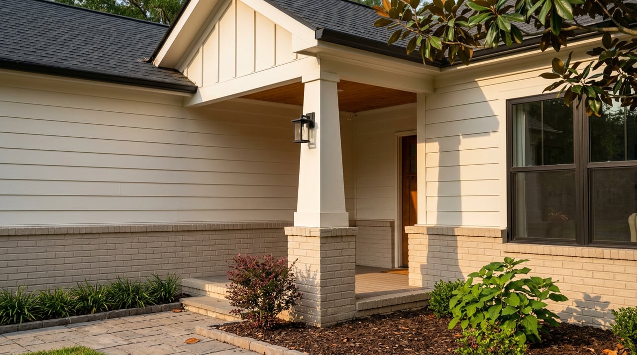 Covered porch corner with an off-white column, light brick knee wall, wood ceiling, and paver walkway.