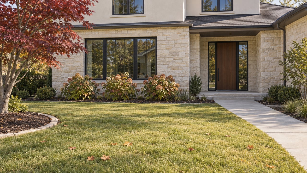 Autumn light falls across a broad lawn and cream-stone home with dark-framed windows, a sheltered walnut entry and oakleaf hydrangeas.