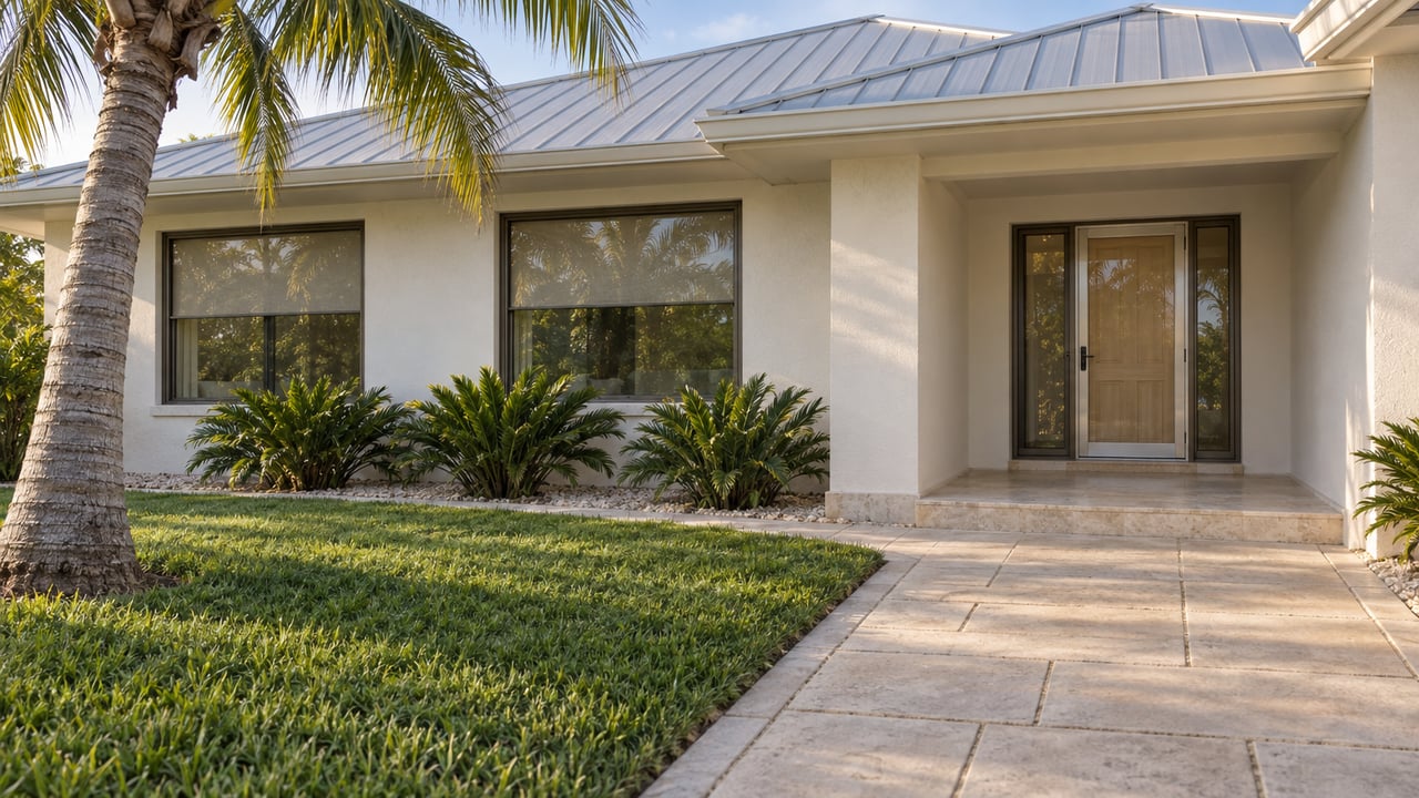 Pale stucco home with a broad metal roof, sheltered glazed entry, limestone porch and curved palm beside a sunlit paved approach.