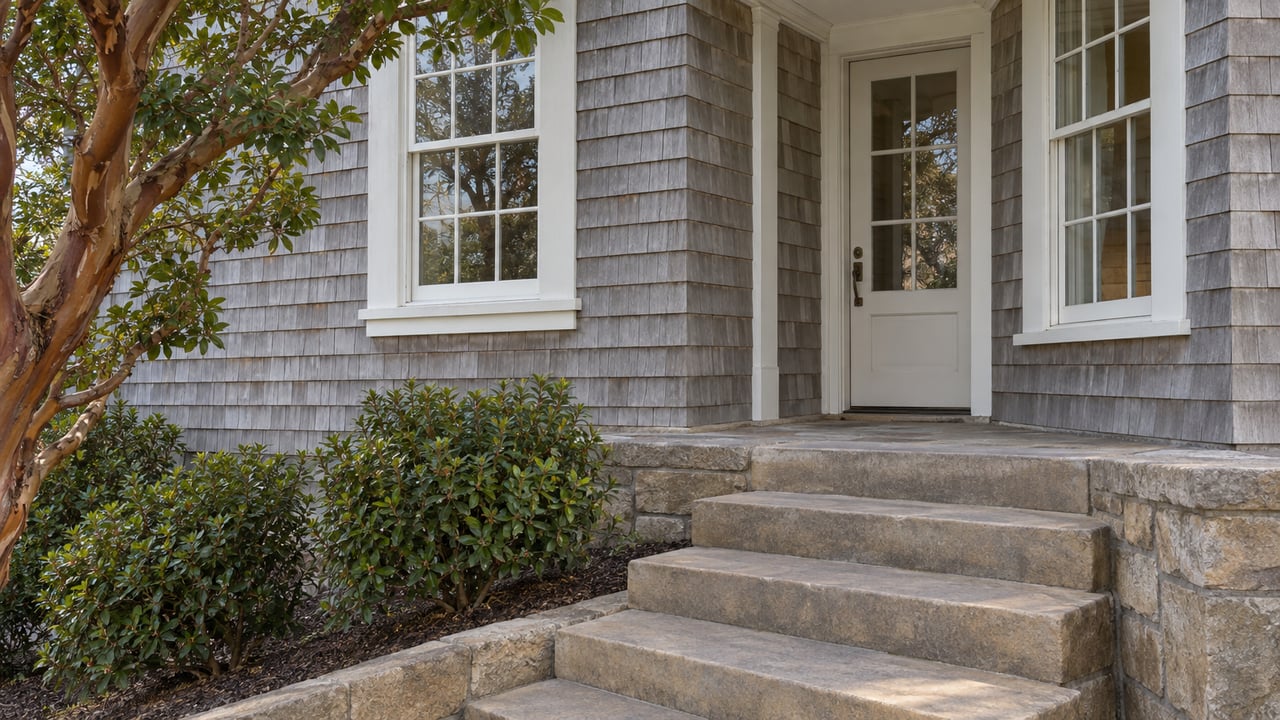 Weathered cedar-shingle home with white sash windows, recessed glazed door, sandstone steps, and peeling-bark arbutus.