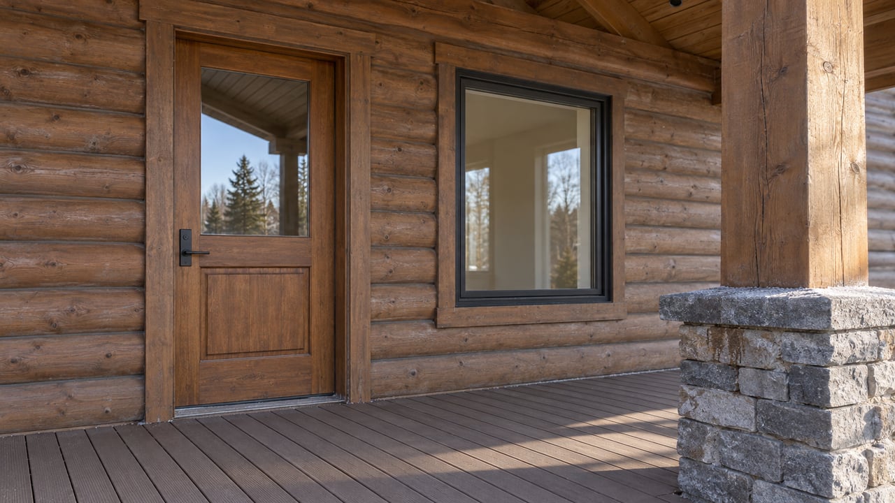 Winter morning light crosses a timber home's covered porch, wood entry door, black-framed window and gray stone post base.