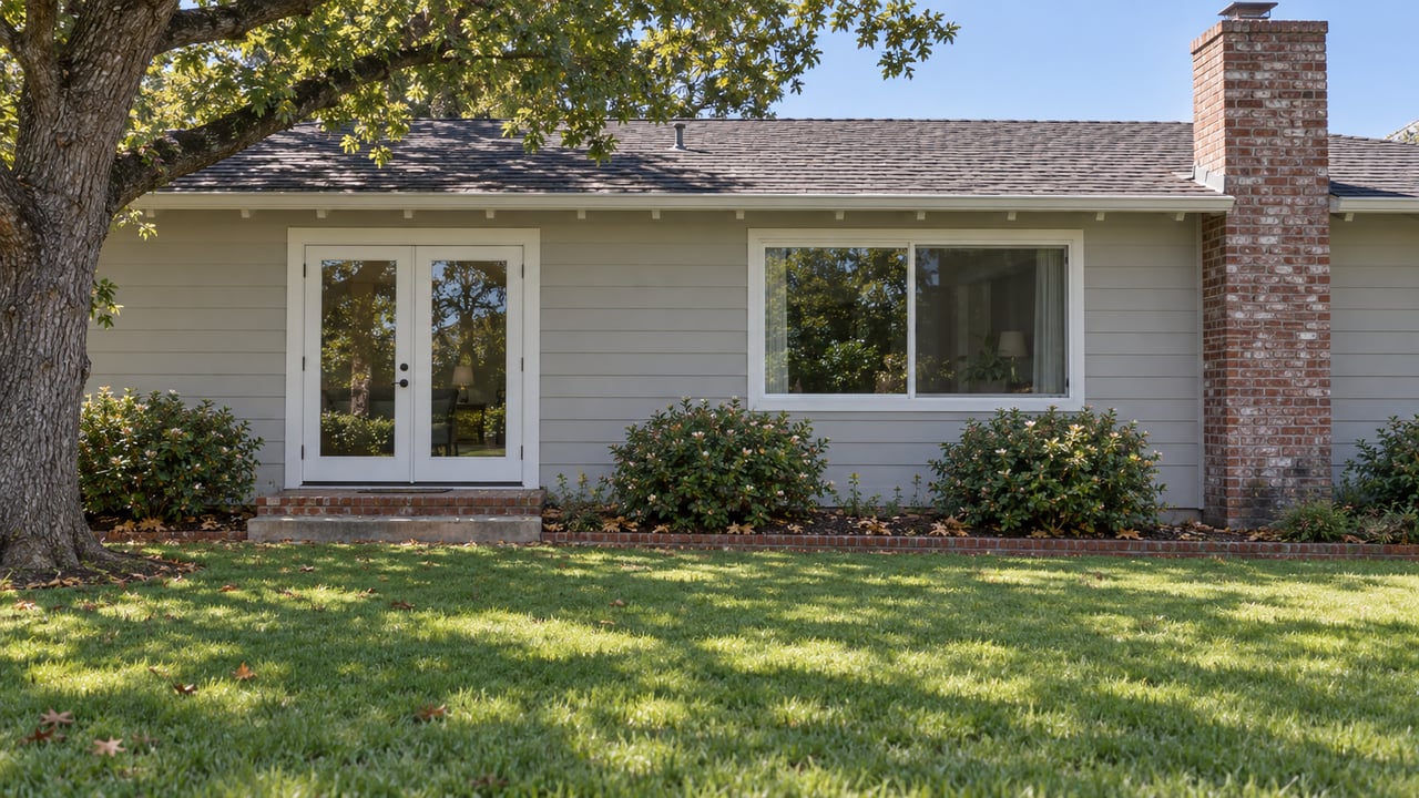 Warm-gray ranch house with French doors, a raised brick landing, and lawn beneath an oak tree.