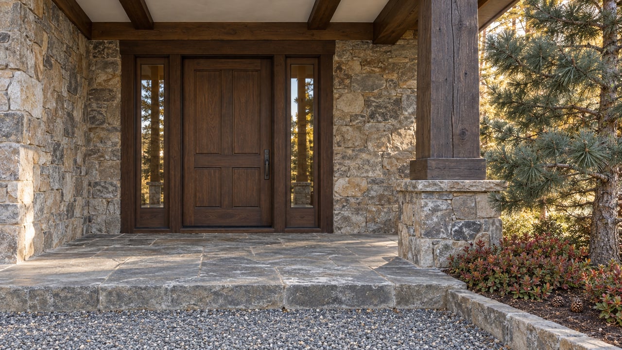 Late-autumn sunlight falls across a timber-framed stone porch with a closed paneled wood door, glazed sidelights and a broad flagstone landing.