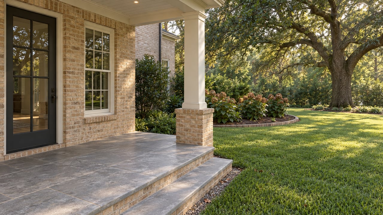 Morning light across a limestone porch beside buff brick walls, a glazed door, and a broad lawn under a spreading live oak.