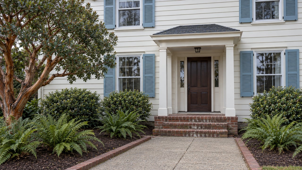 Ivory lap-sided home with pale-blue shutters, a brick entry stoop and a garden of strawberry tree and sword ferns in soft morning light.