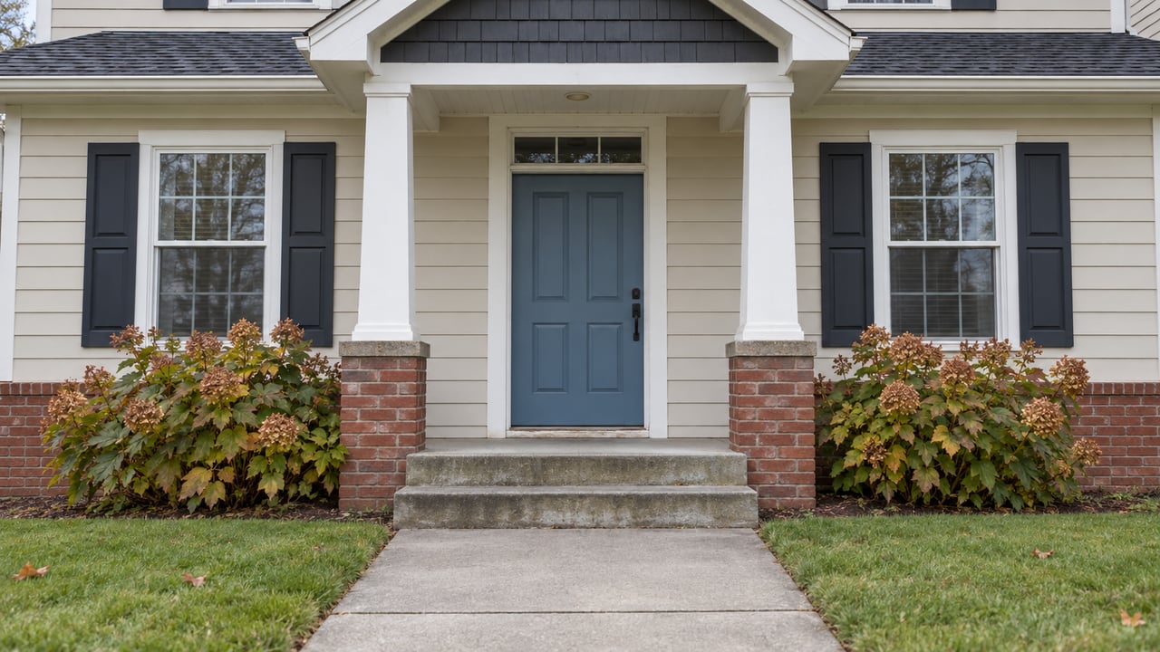 Cream-sided home with a blue front door, brick porch supports, concrete steps and oakleaf hydrangeas in early autumn.