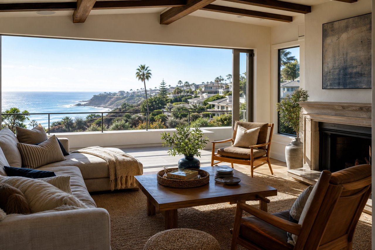 Living room with exposed beams and ocean views through large windows.