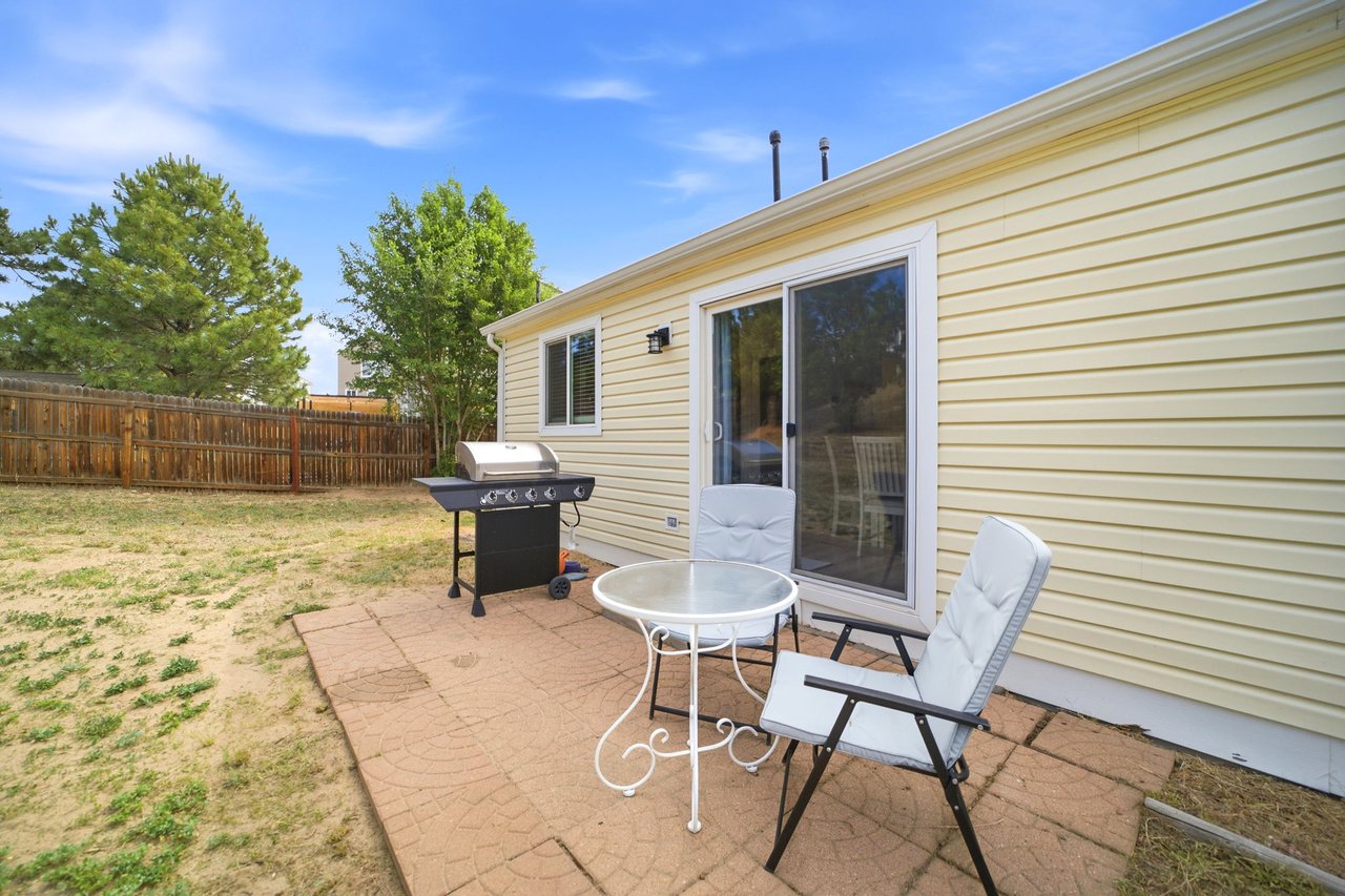 Back patio with room for grill and furniture overlooking huge backyard