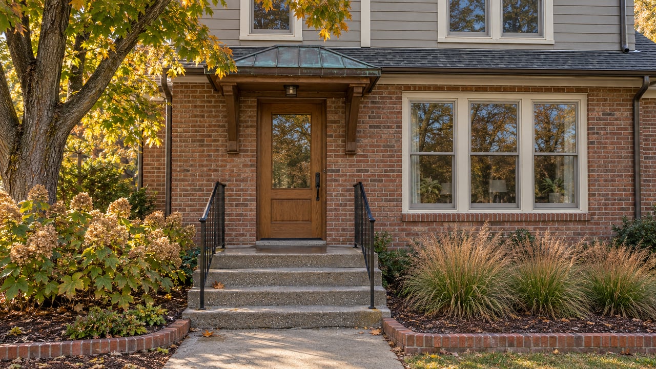Brick and gray wood house entrance with oak door, broad concrete steps, and autumn planting beneath a mature maple.
