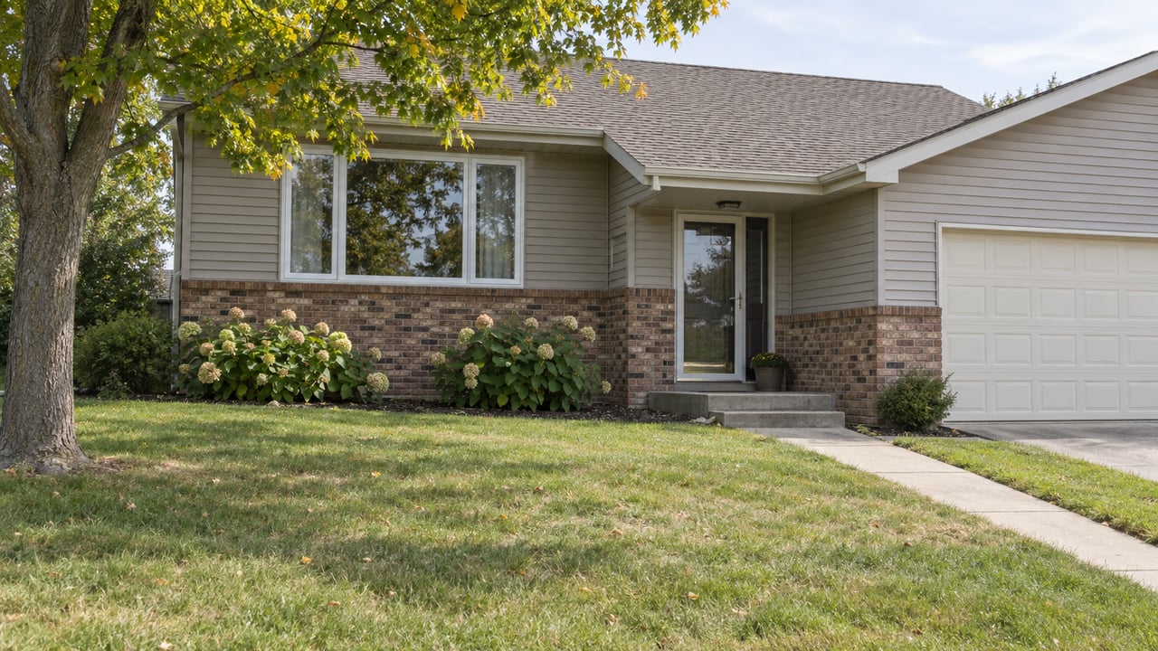 Taupe split-level house with a brick base, front lawn, concrete walkway, and mature tree.