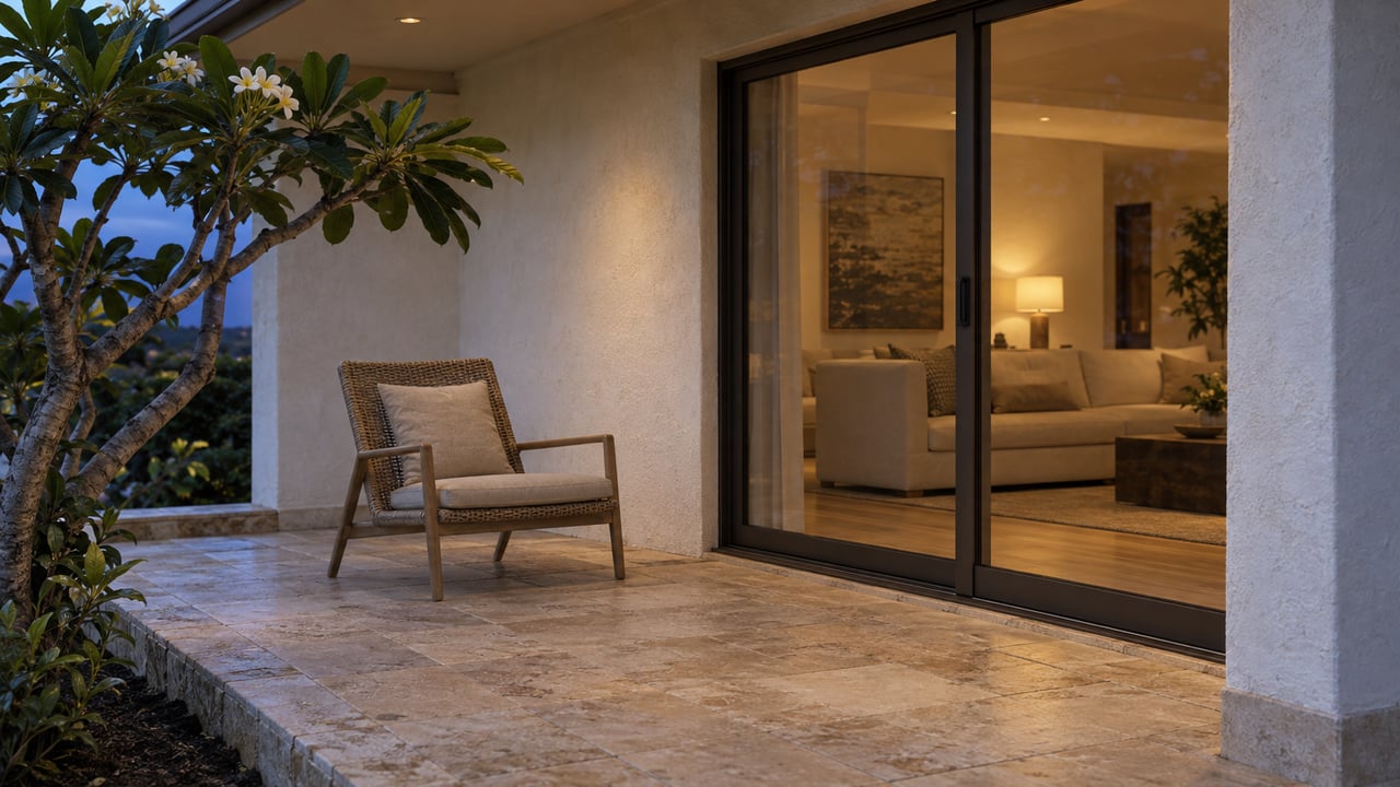Tan stone terrace with a woven lounge chair beside closed glass doors glowing warmly at blue hour.
