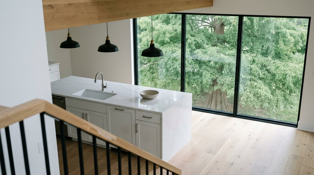 Open-concept kitchen with a white quartz island, three black pendants, and a bald cypress beyond the window wall.