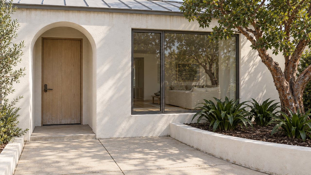 Warm-white cottage with an arched oak entry, broad charcoal-framed window, and a small raised planter beside a sunlit concrete terrace.