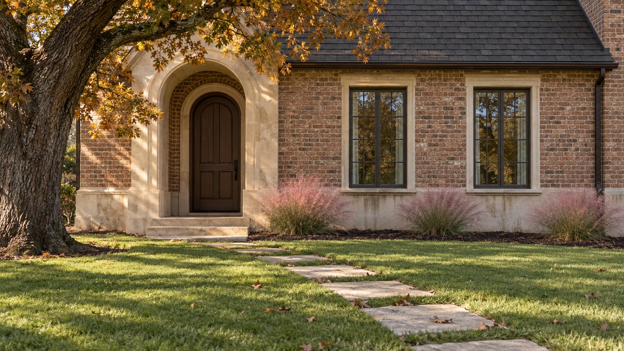 Brick entry wing with arched door, divided-light windows, limestone stepping stones, and an oak tree.