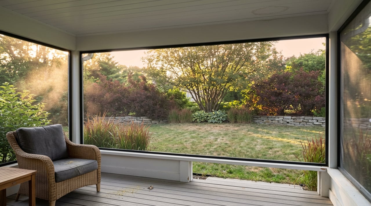 Screened porch overlooks a lawn bordered by maroon ninebark, switchgrass, and a sunlit serviceberry tree.