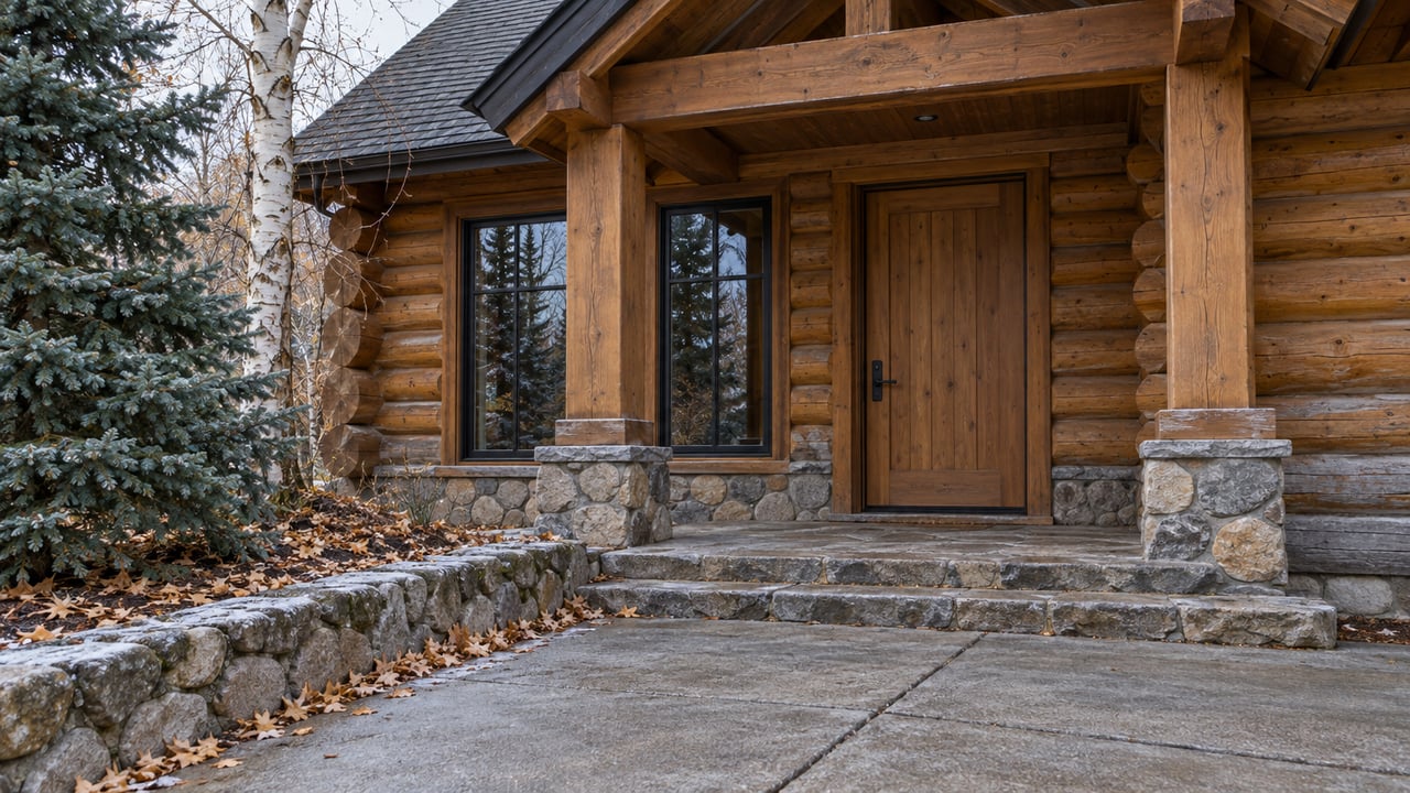 A timber home's sheltered entrance with stone steps, a concrete approach, and mature spruce and white-barked birch in cool autumn light.