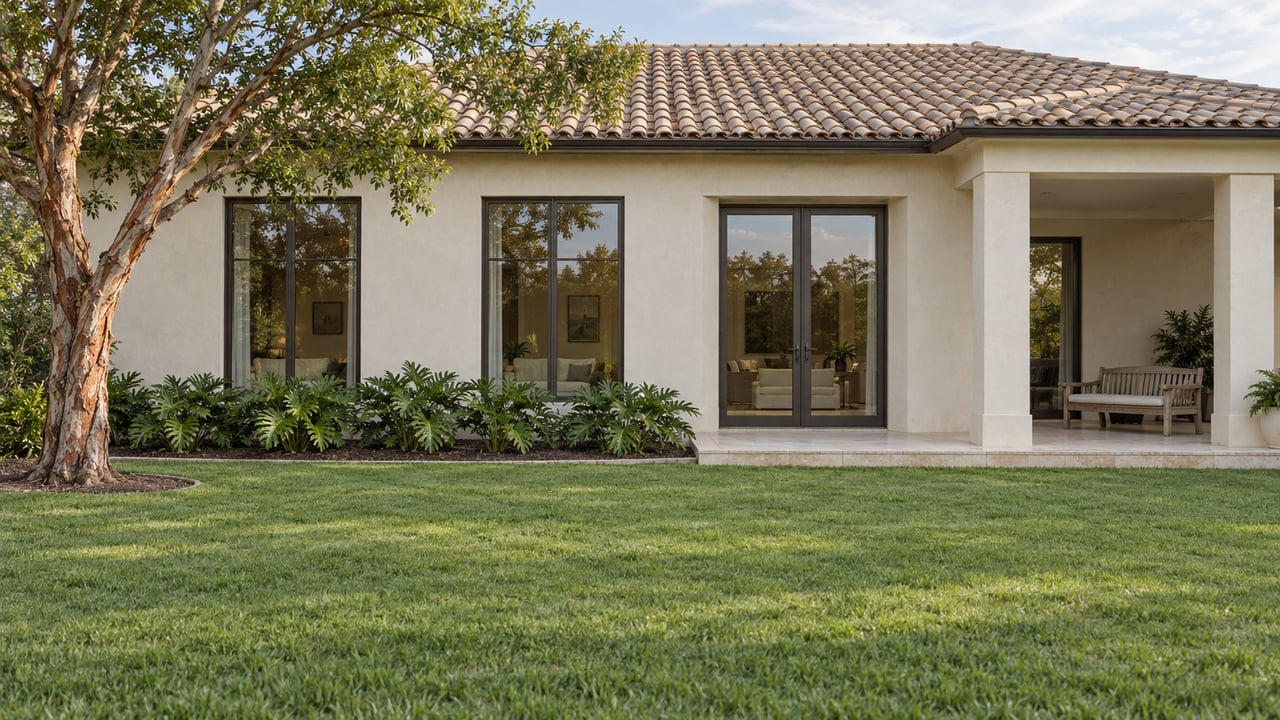Cream stucco estate wing with a pale tile hip roof, bronze-framed glazing and a limestone terrace overlooking a broad lawn beside a copper-barked tree.