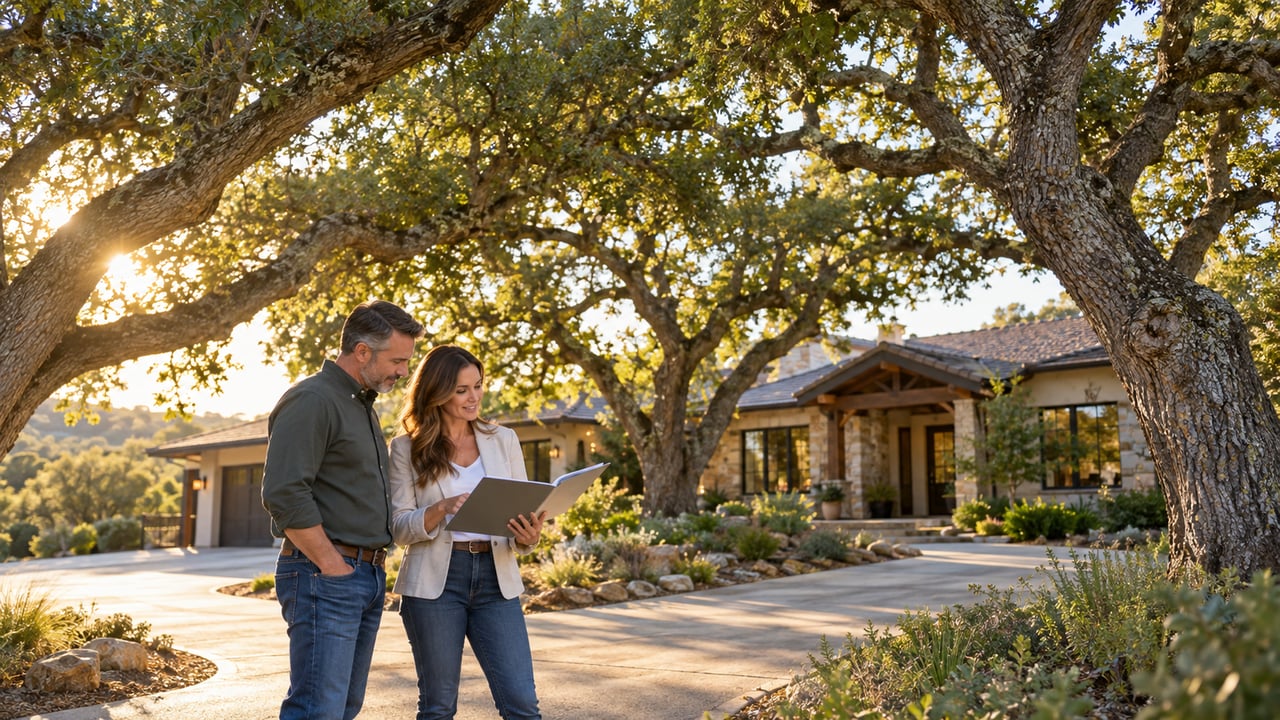 Modern stone-and-stucco home with a broad driveway beneath mature oak trees.