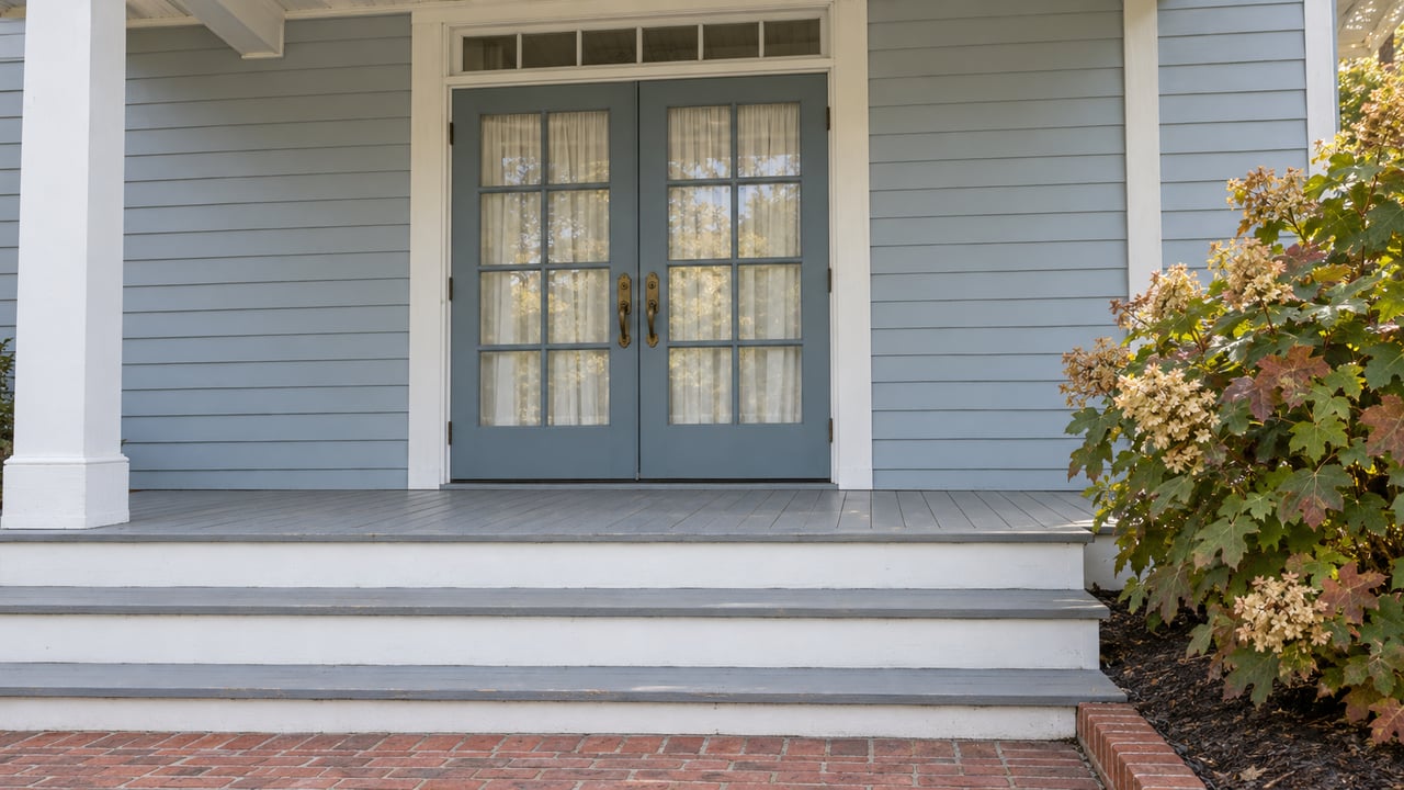 Mist-blue clapboard home with white-trimmed French entry doors, gray porch steps, a brick approach and bronzing oakleaf hydrangea.