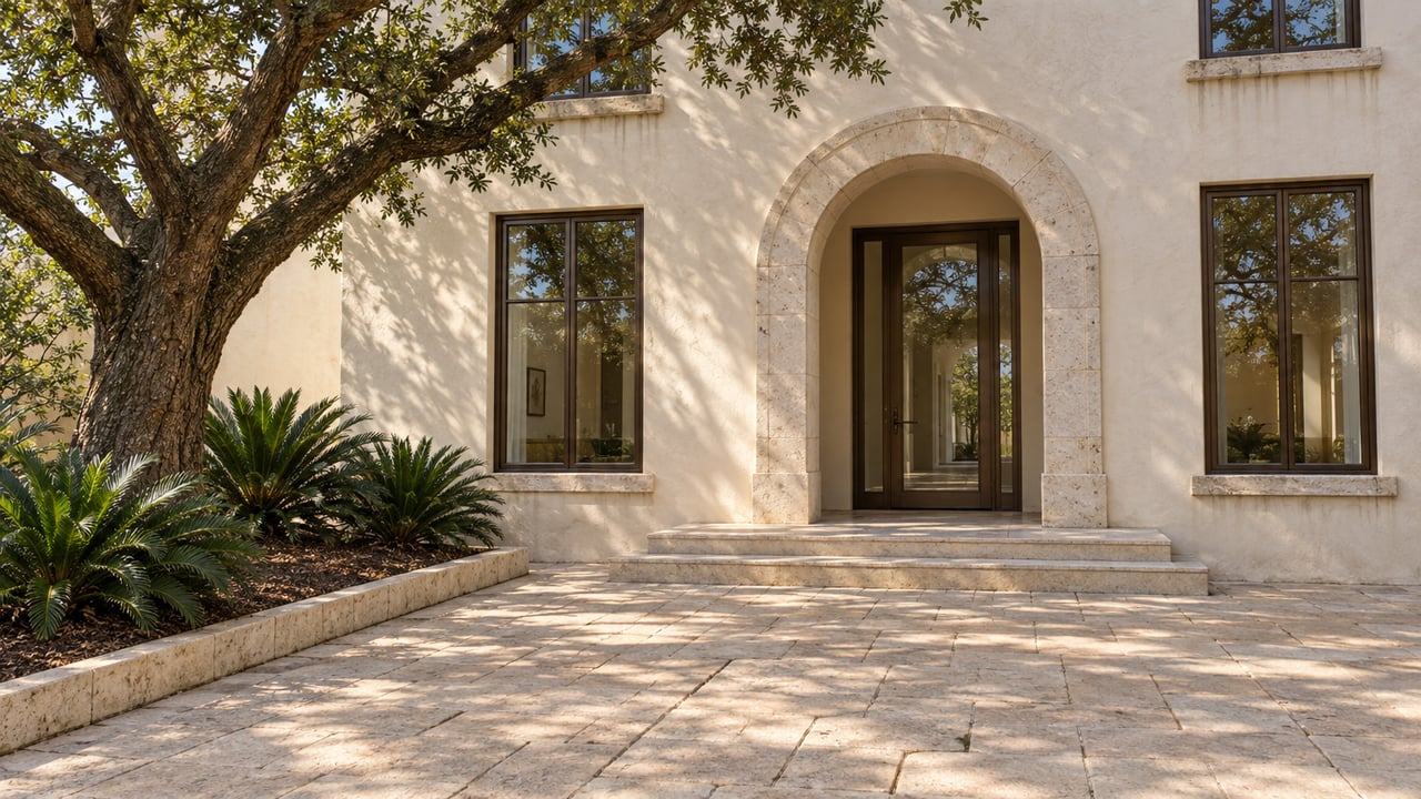 Ivory stucco condominium entrance with a glazed arched doorway, limestone steps, and a live oak shading a paved courtyard.