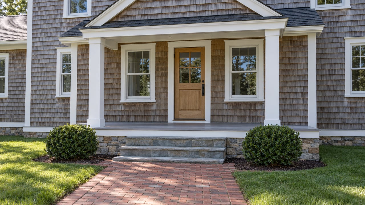 Cedar-shingled house entrance with white timber columns, an oak door, bluestone steps and a weathered brick approach.