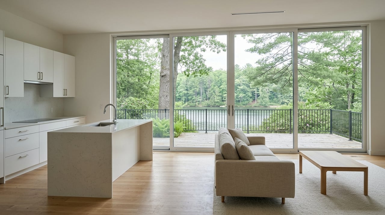 Daylit great room with sliding glass doors and a glimpse of the lake.