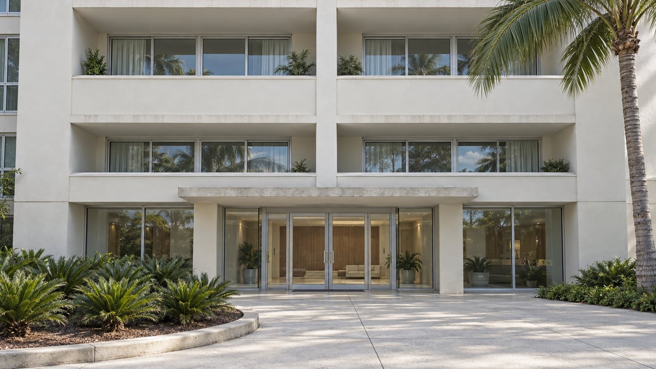 Sunlit cream-stucco condominium entrance and recessed balconies above pale concrete paving, with a curved planted bed and a mature palm.