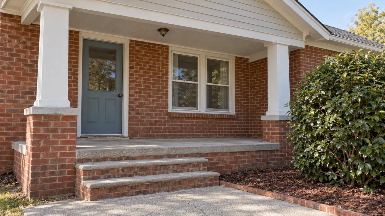 Sunlit brick bungalow entry with white square porch columns, a blue-gray door and a glossy camellia beside the steps.