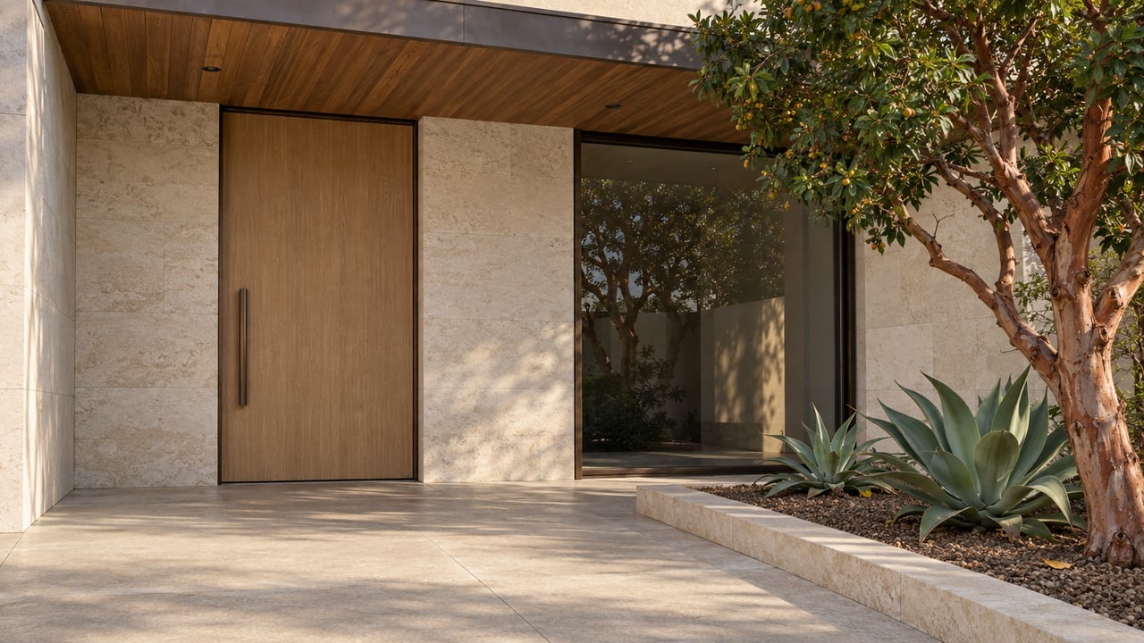 Sunlit limestone and cedar entry with a bronze-framed window, sculptural strawberry tree and two agaves beside a broad paved approach.