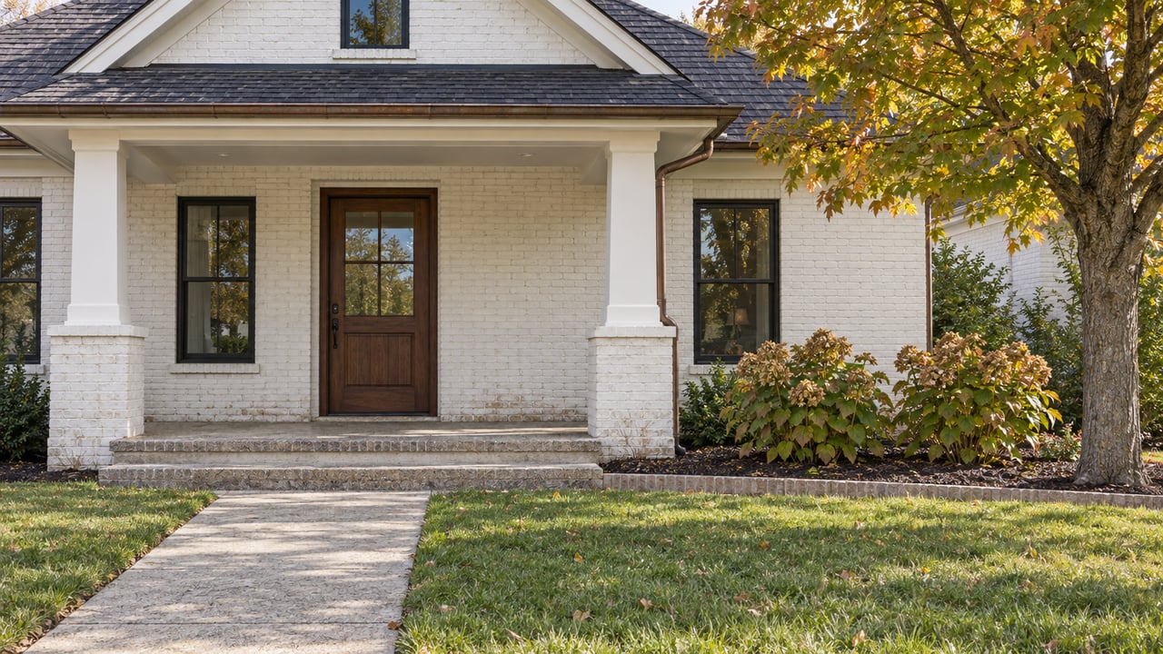Painted-brick home with a covered porch, dark windows, a broad front lawn, and an amber-green maple beside the approach.