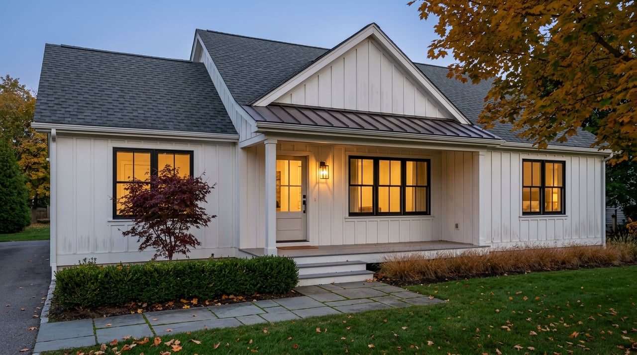 White-sided home at dusk, with glowing multi-pane windows, a black-and-brass entry lantern, and autumn maples.
