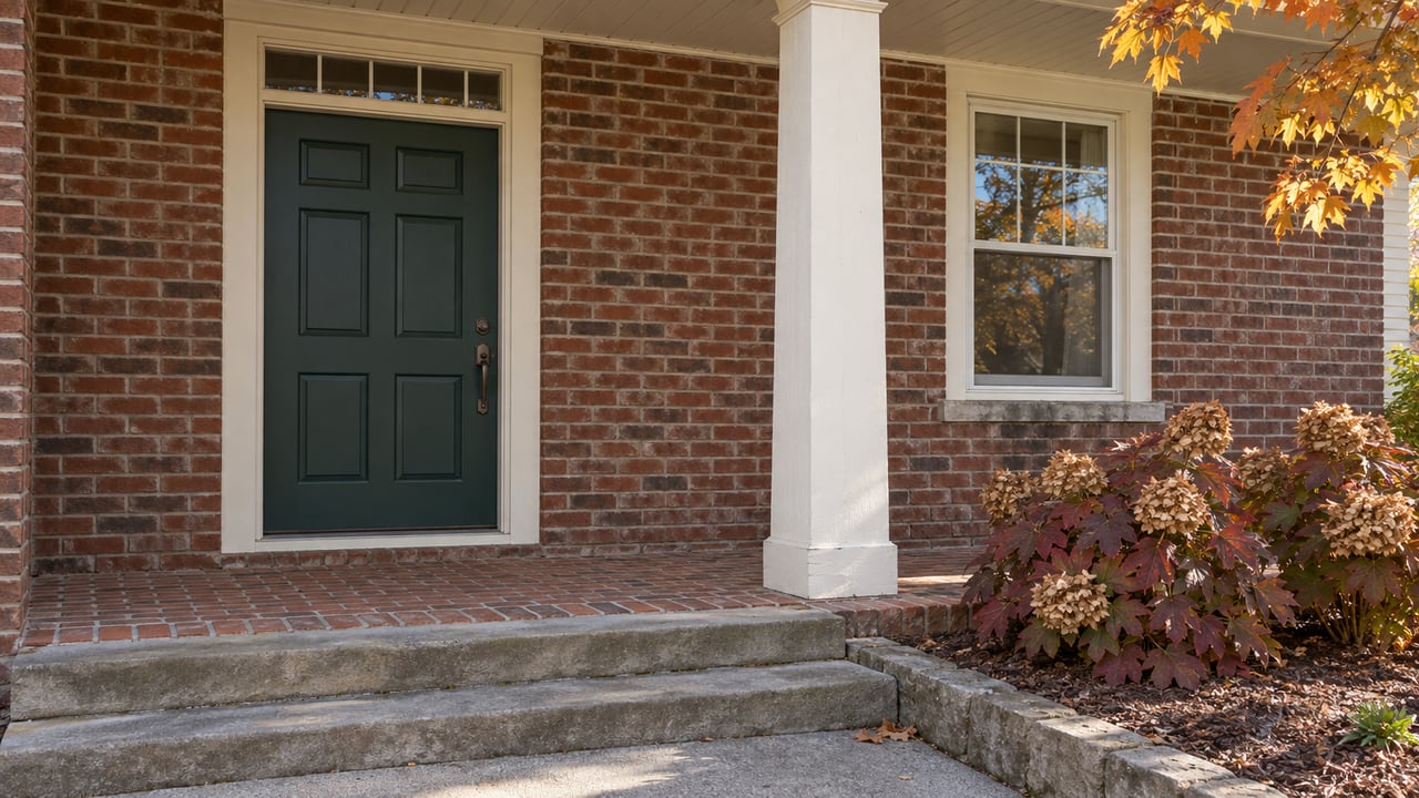 A green front door beneath a cream-painted porch, with brick walls, sandstone steps and burgundy oakleaf hydrangeas.