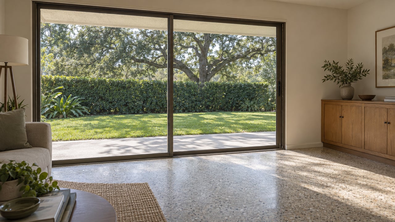 Sliding glass doors frame a deep lawn, clipped hedge, and spreading oak behind a concrete patio.