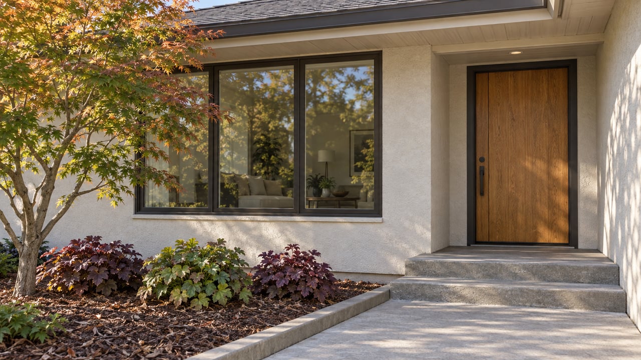 An oak front door and bronze-framed window beneath a broad ranch-house eave, beside a Japanese maple and a concrete approach.