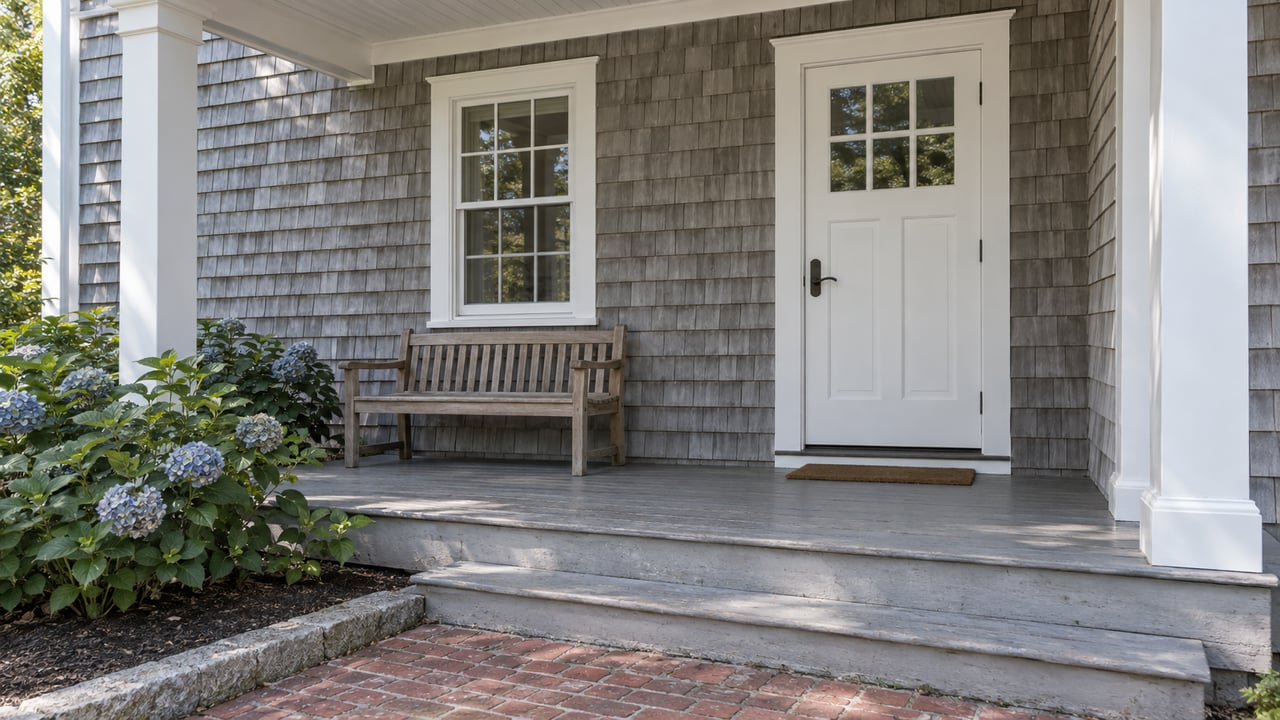 Weathered cedar-shingle home with a white-trimmed porch, teak bench, brick approach and faded blue hydrangeas.