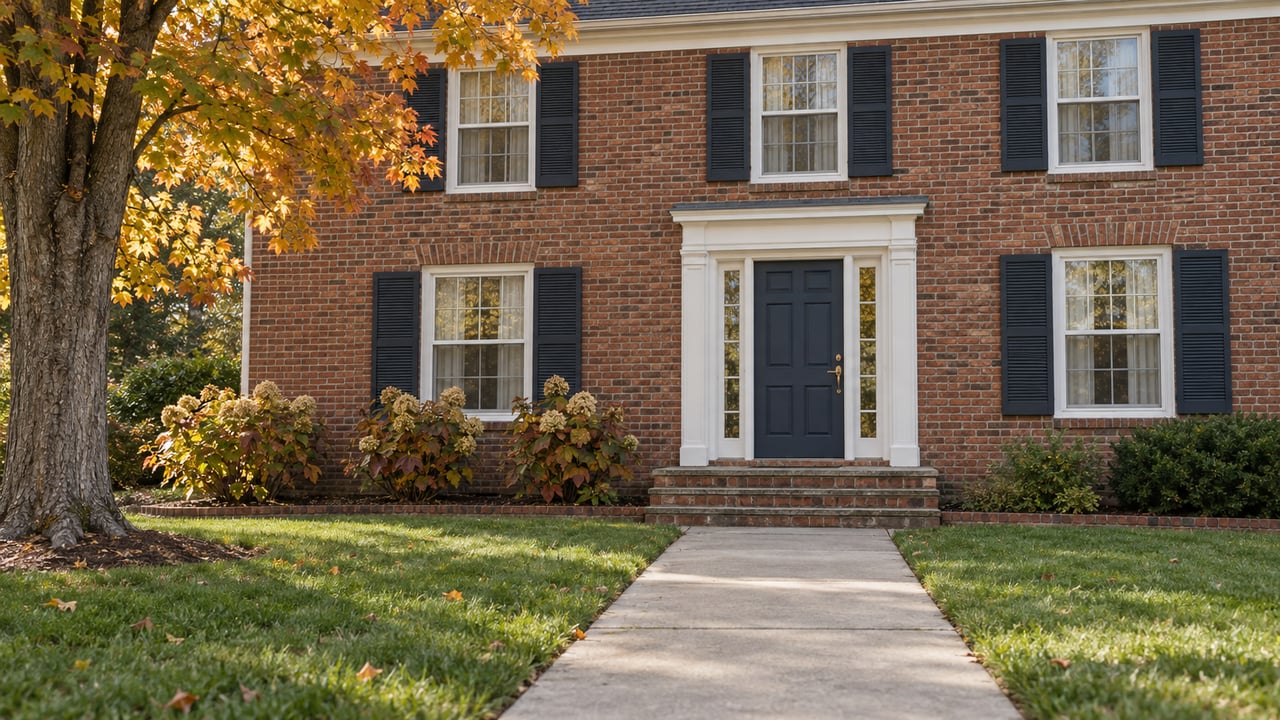 Brick home entrance with white trim, blue front door, concrete approach and established autumn planting.