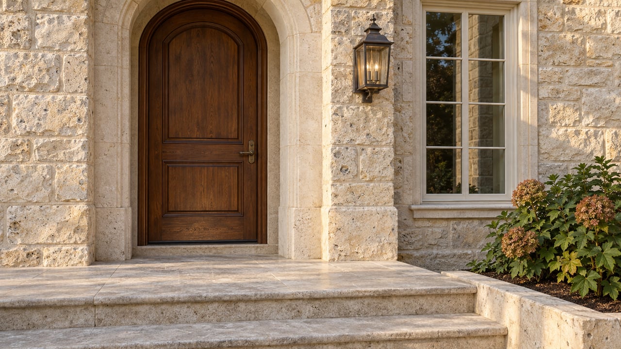 Close exterior view of a limestone arched entry with a walnut door, brass lantern, divided-light window and oakleaf hydrangea beside stone steps.