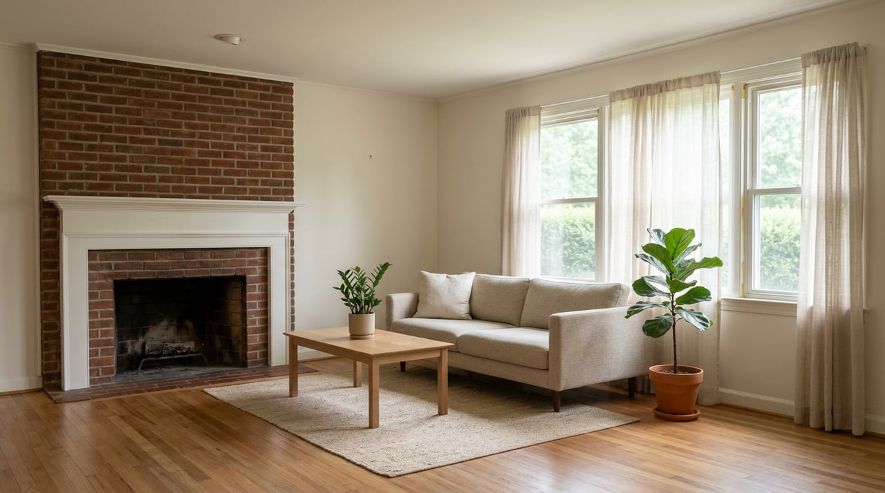 Ranch living room with a brick fireplace, oak floors, and sheer-curtained windows beside a potted ficus.