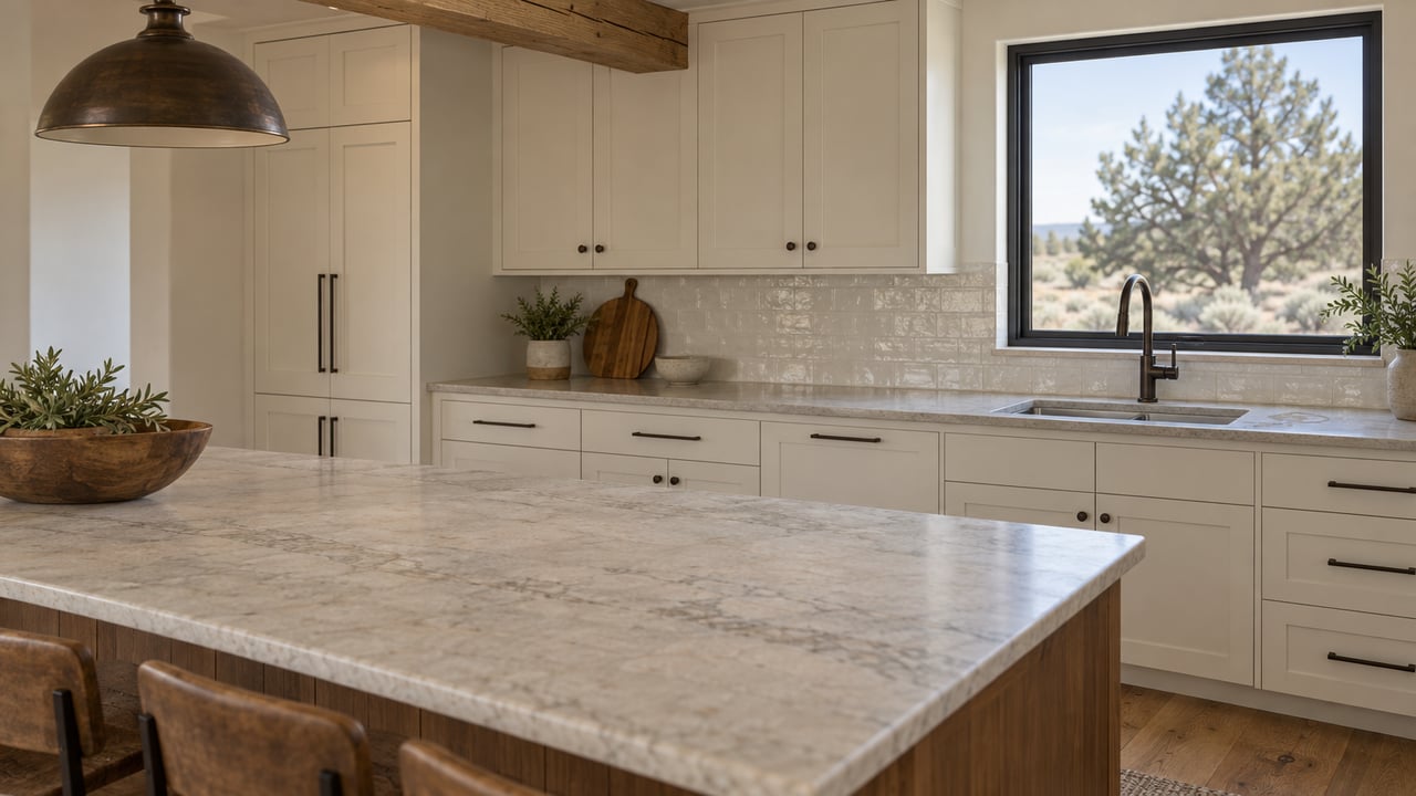 Spacious kitchen with a veined quartzite island, cream cabinets, and a window framing a juniper tree.