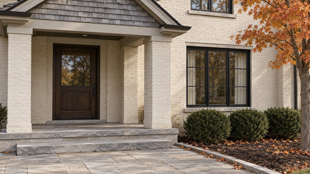 Ivory brick home with a sheltered oak front door, black-framed window, limestone steps and copper-colored maple leaves.