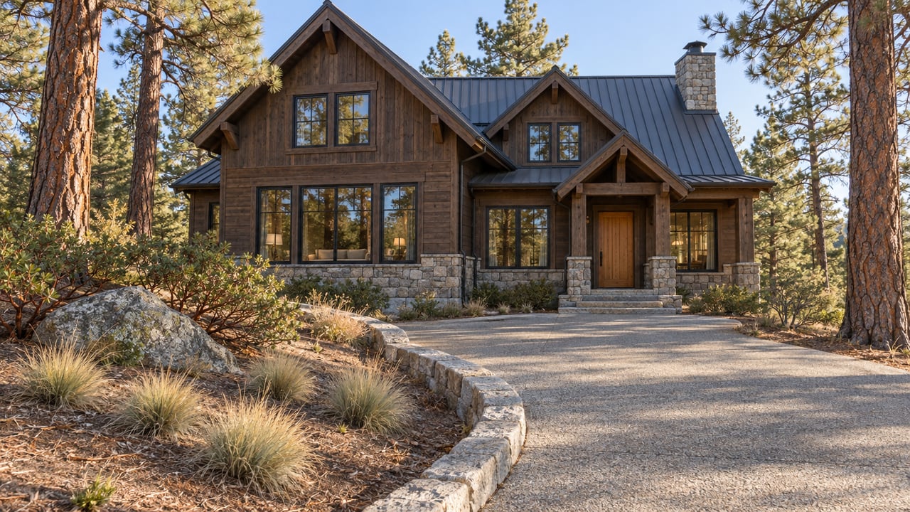 A dark timber home with steep metal roofs and a granite base stands among mature pines, with a curved concrete approach in autumn morning light.