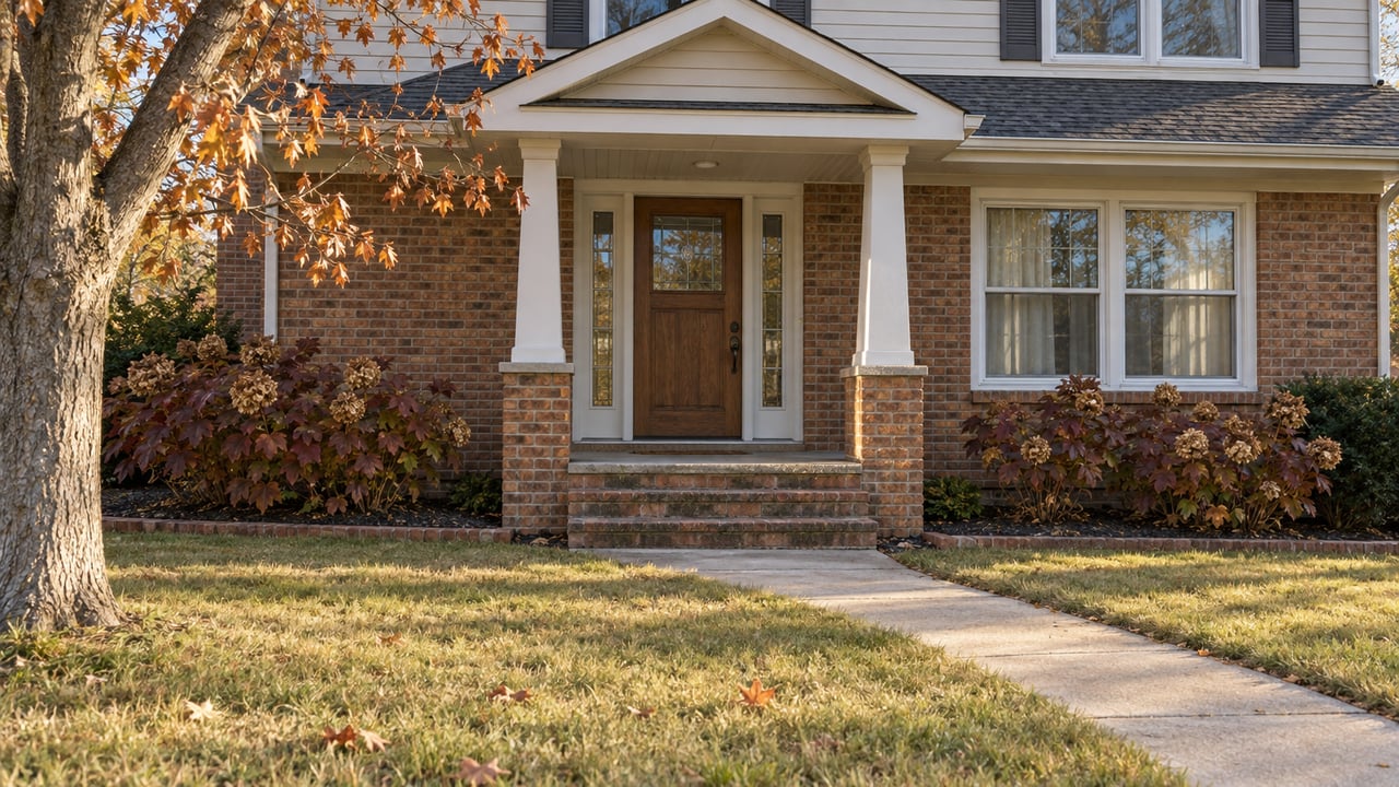 Autumn sunlight on a brick home's covered entrance, white-trimmed windows and concrete walk across a deep lawn.