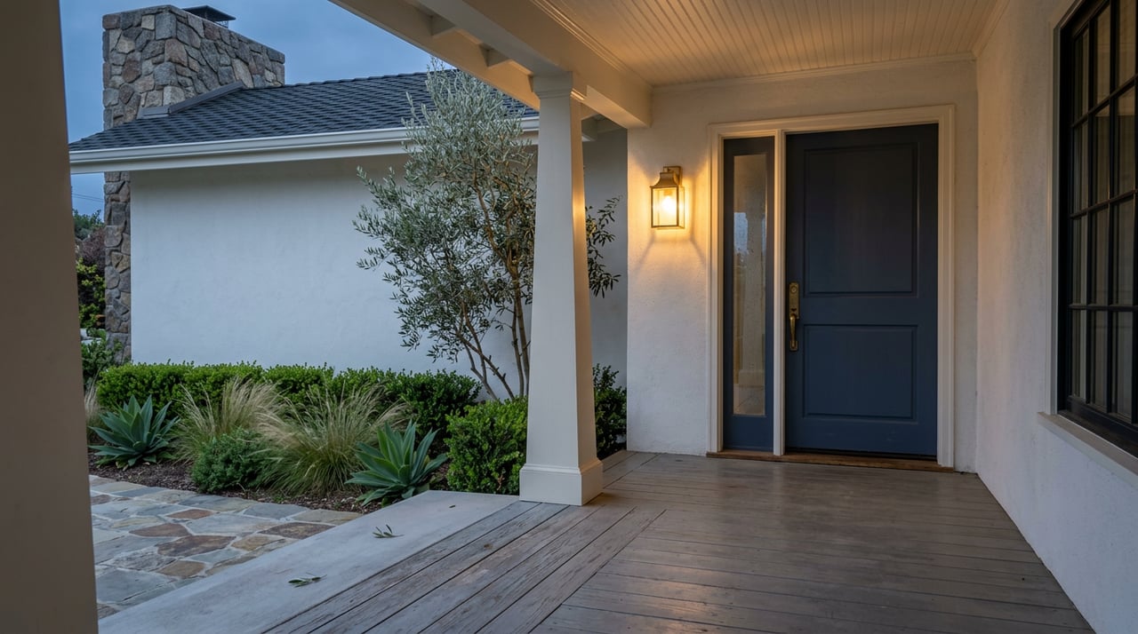 Navy front door and warm lantern beside a porch, with an olive tree and stone chimney at dusk.
