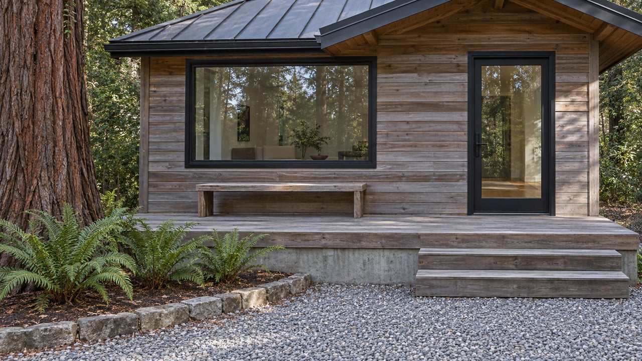 Weathered cedar cottage with enclosed black-framed glazing, low porch steps, a redwood trunk and three sword ferns beside a gravel approach.