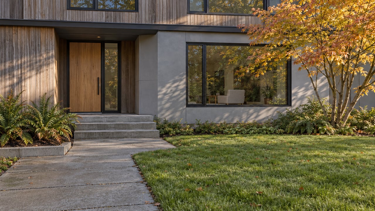 Weathered cedar and gray-paneled home with dark-framed windows, a recessed oak entrance, concrete approach and a yellow-orange vine maple.