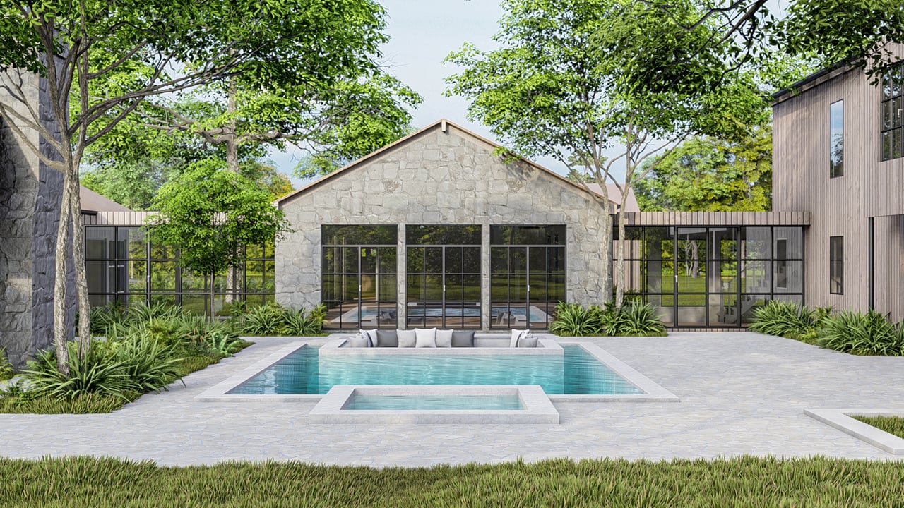 Modern stone-and-glass home with a courtyard swimming pool and mature trees.