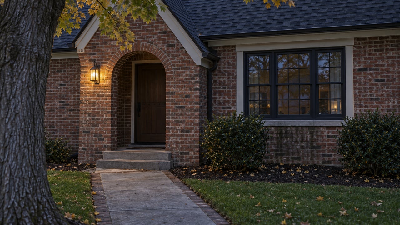 Brick home’s arched entry and glazed window beneath a shingled gable, with a glowing porch lantern.
