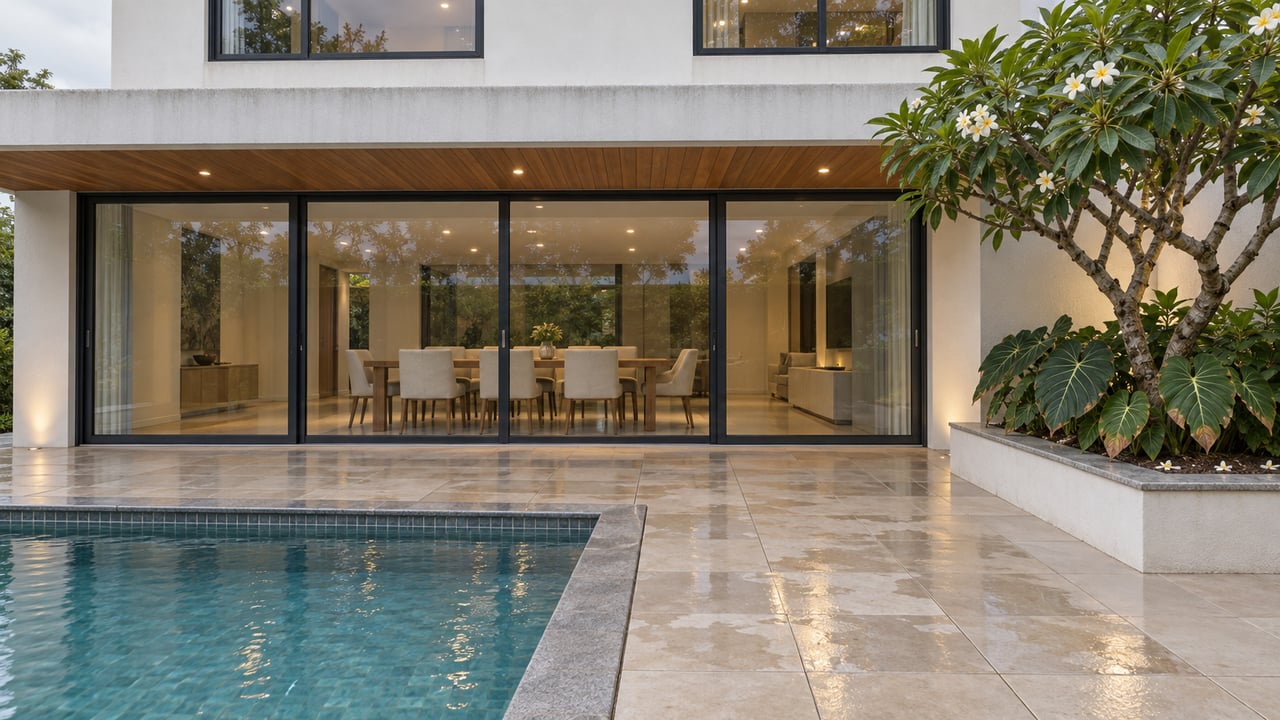 A modern white home opens visually onto a rain-darkened terrace and pool, with warm timber soffits and a flowering tree in a raised planter.