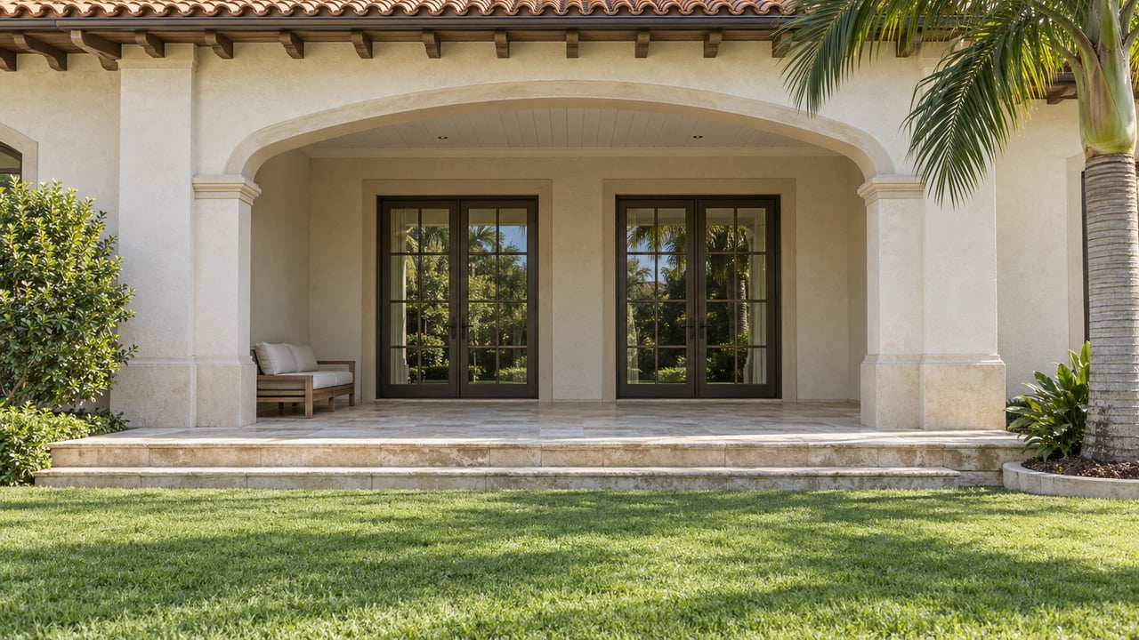 Ivory stucco home with an arched limestone terrace, bronze French doors, deep green lawn and a sculptural palm.