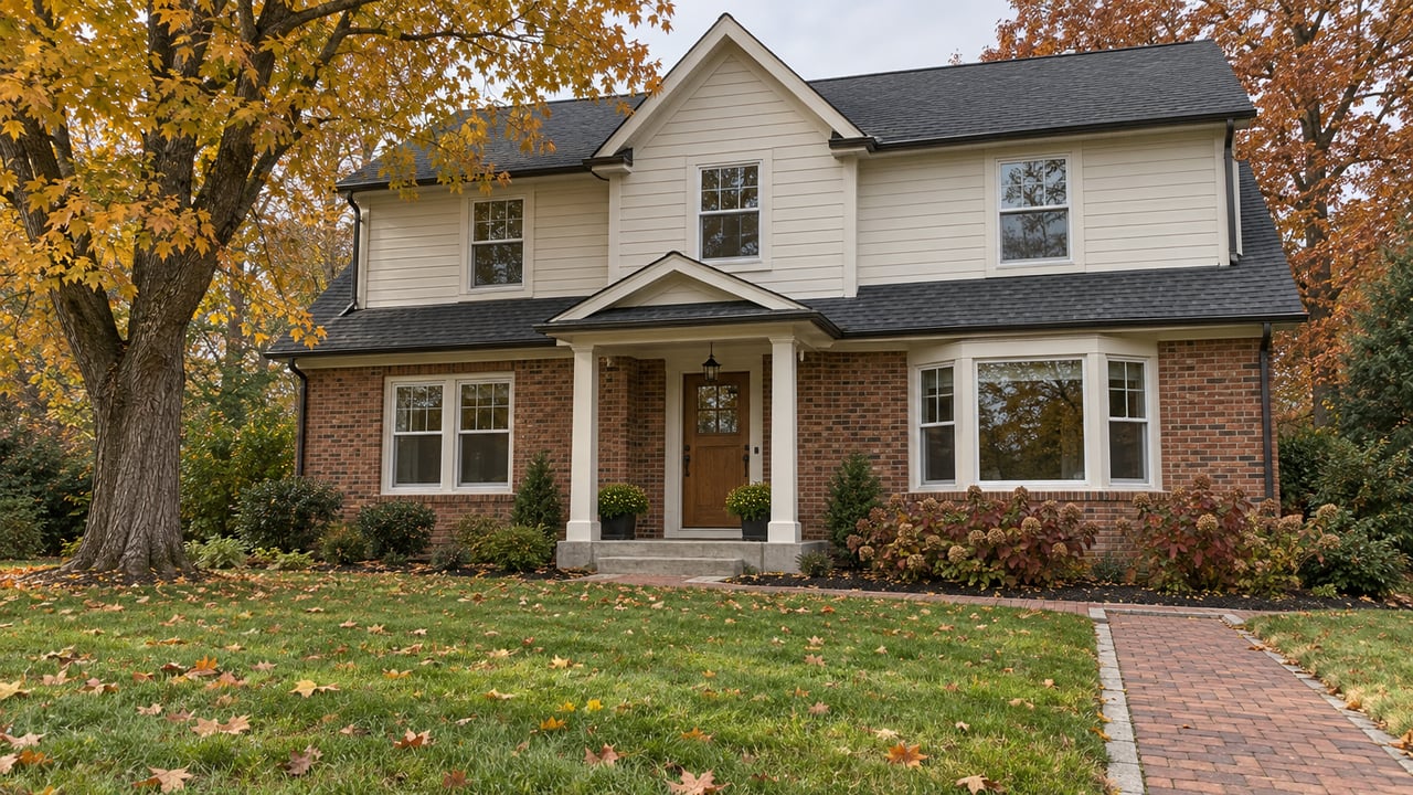 An ivory-sided and brick two-story home behind a deep autumn lawn, with a covered porch and mature maple and oak trees.